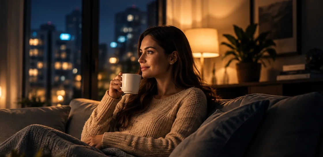 Mulher relaxando em casa enquanto o sistema de energia mantém a rotina